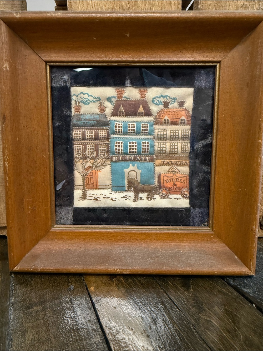 Vintage Framed Textile Folk Art European Village Tavern Inn Wood Wall Art Cottag